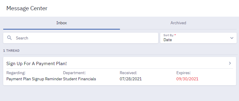 A screenshot of the Message Center inbox in the Student Dashboard.