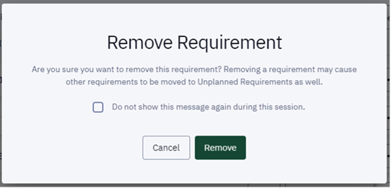 A screenshot of the remove requirement dialog in Degree Planner.