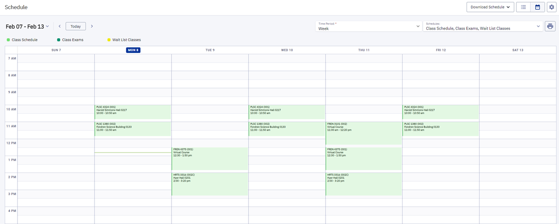 A screenshot of an example class schedule as shown in the Student Dashboard.