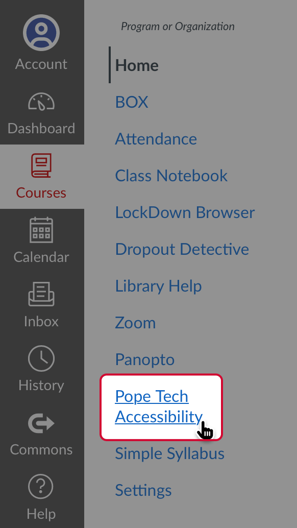 Screenshot of selecting the Pope Tech option in the Canvas menu. 