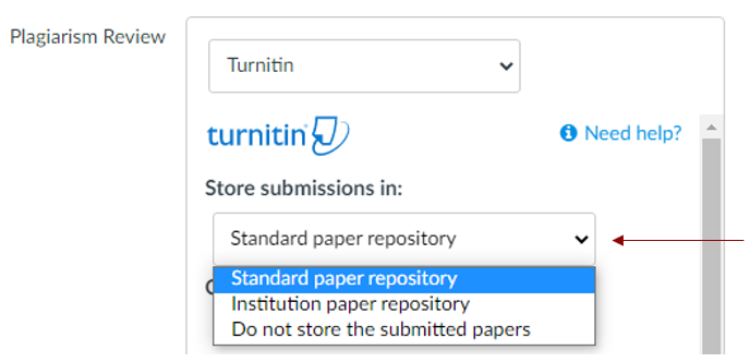 screenshot of the plagiarism review store submission dropdown menu