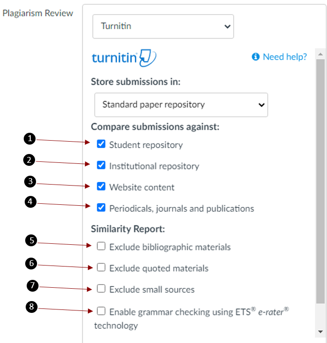 screenshot of the options for Turnitin