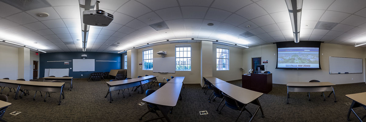 Panoramic image of an updated classroom. 