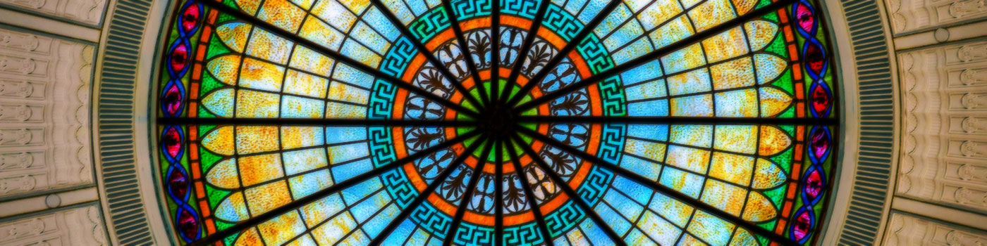 Dallas Hall's rotunda stained glass oculus. 