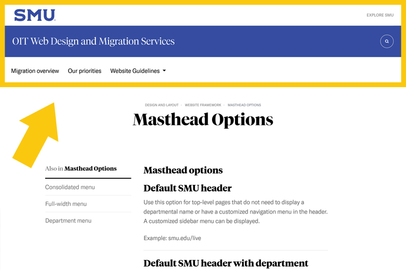 SMU webpage with full-width menu - thumbnail