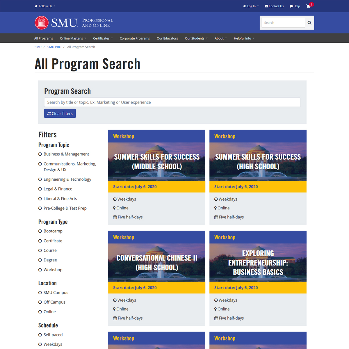 SMU Pro Program Search screenshot