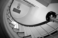 Black and white photo of a spiral staircase