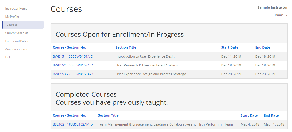 courses page