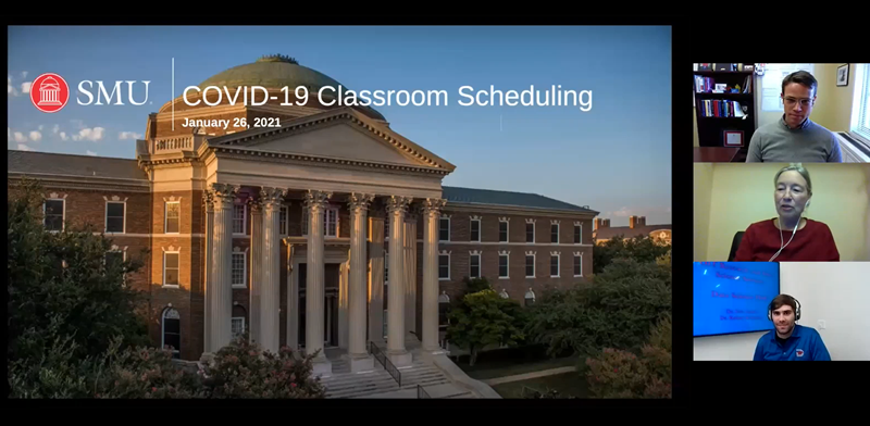 Screenshot of zoom call with SMU data scientists discussing how to schedule classrooms during COVID-19 restrictions