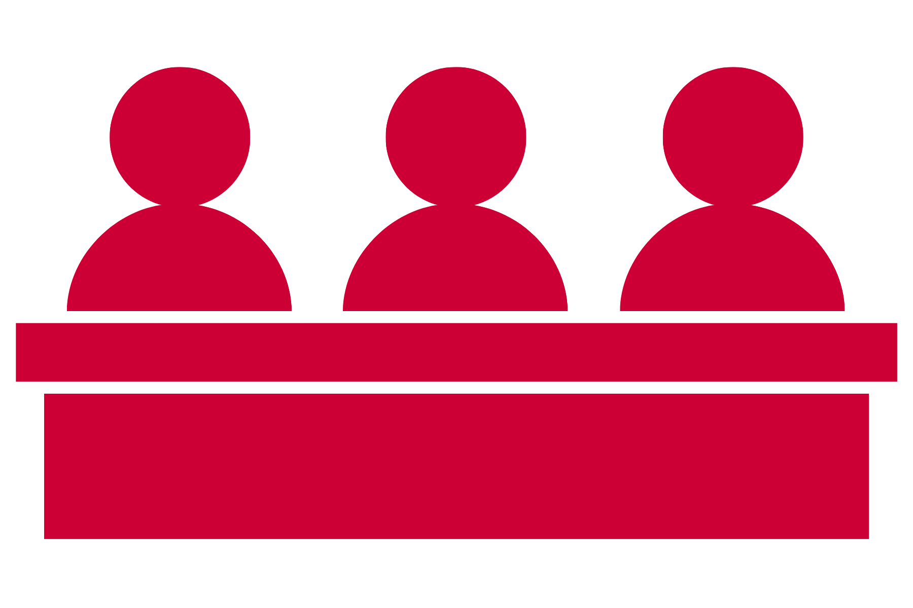 Red icon of three people at a long raised desk