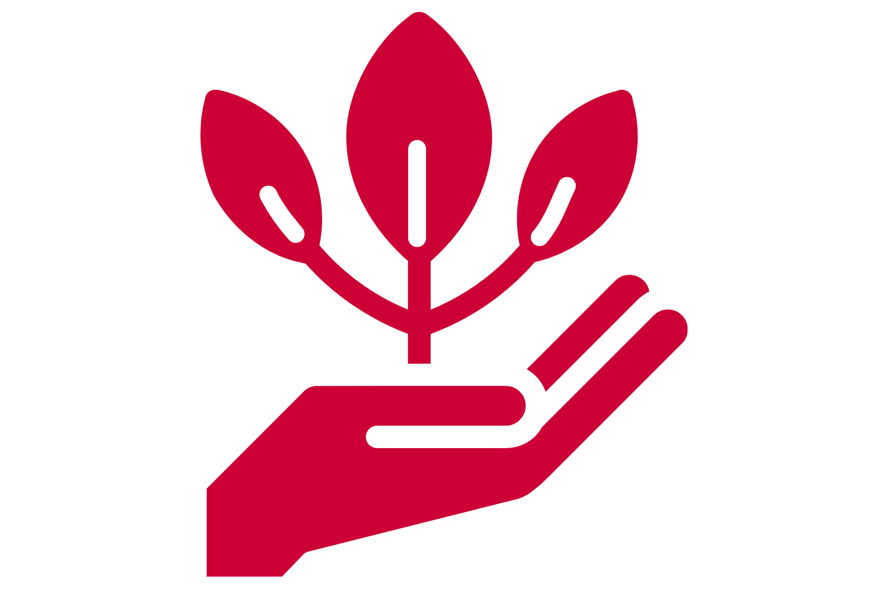 Red icon of a hand holding a small plant