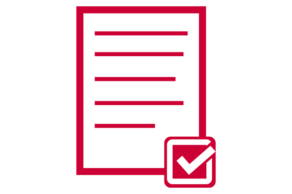 Red icon of a document with a checkmark