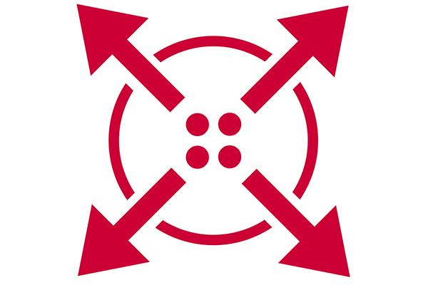 Red icon of a circle with arrows pointing away
