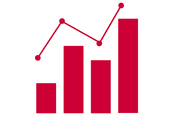 Red icon of bar graph with plot points above