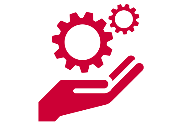 Red icon of a cupped hand holding gears