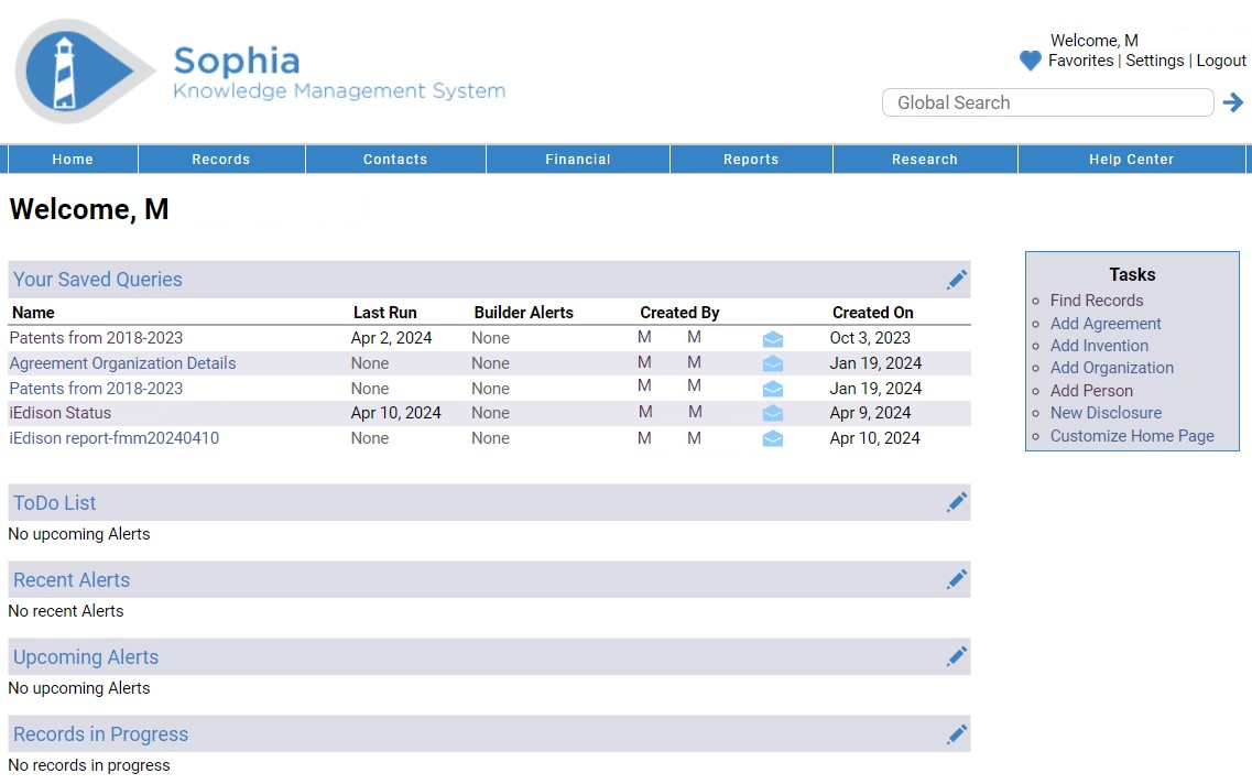 screenshot of sophia homepage
