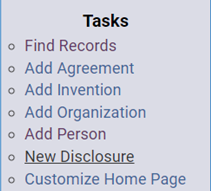 screenshot of sophia navigation: Tasks - Find Records - Add Agreement - Add Invention - Add Organization - Add Person - New Disclosure - Customize Home Page