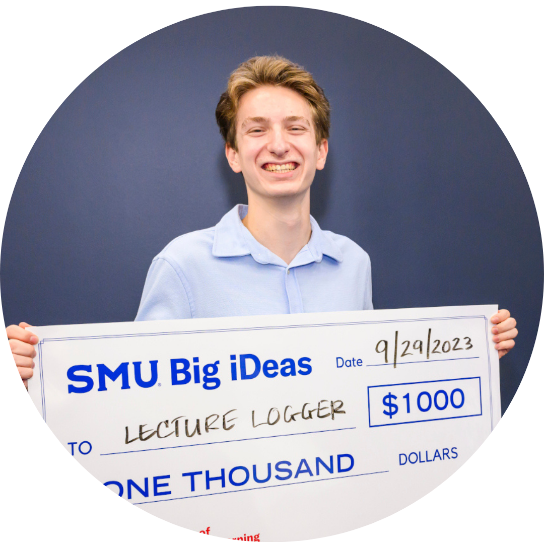 Jude Lugo, founder of Lecture Logger, with big check from Big iDeas