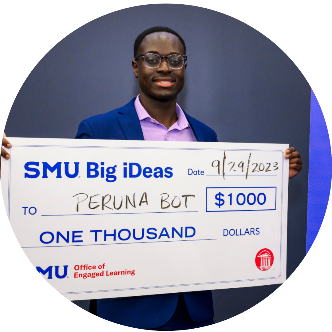 Yaw Boateng, founder of PerunaBot, with big check from Big iDeas