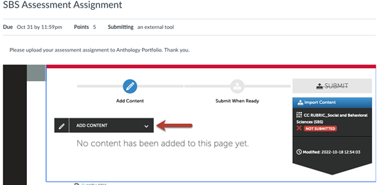 A screenshot of the Add Content button in Anthology Portfolio.