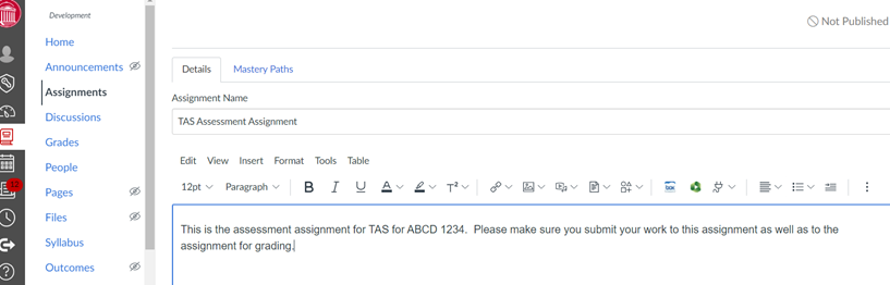 A screenshot of the assignment creation page in Canvas.
