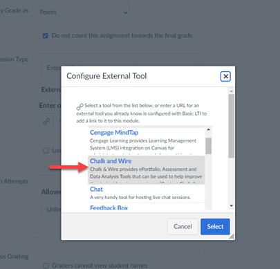 A screenshot of the external tool selection dialog in Canvas.