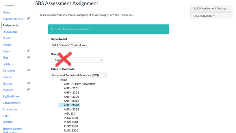 A screenshot of the Anthology Portfolio Table of Contents and course selection in Canvas.