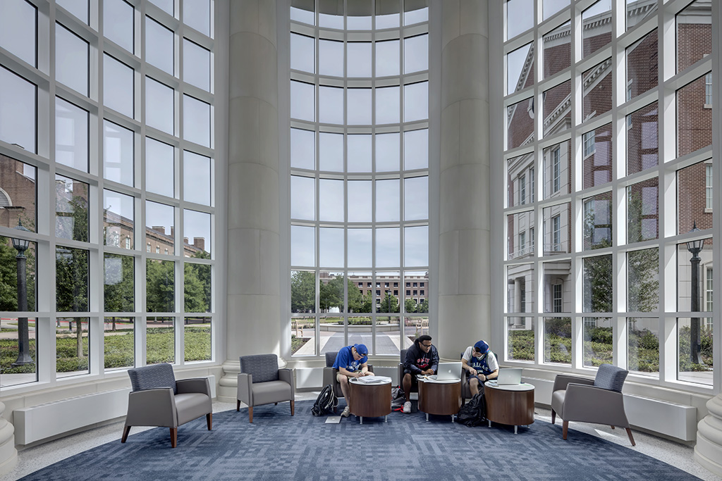 Harold Clark Simmons Hall - Students studying in portico