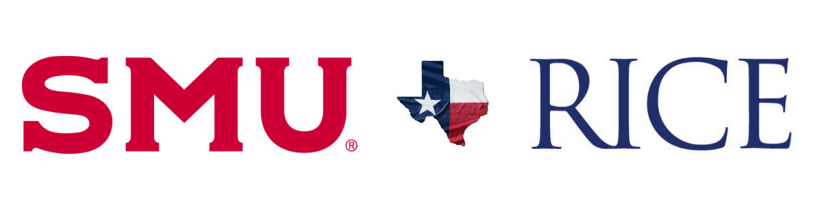 SMU logo next to RICE logo with the a picture of the state of Texas in the middle.