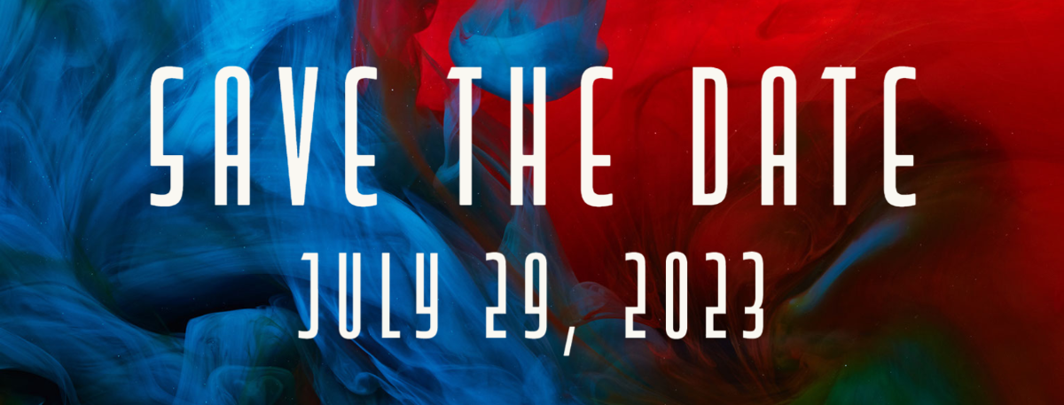 Save the Date! July 29 2023; text on top of blue/red background.