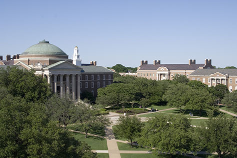 Elevated view of SMU campus at Dallas Hall