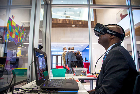 Dr. Eric Bing play-testing Virtual Reality Chemistry Classroom prototype.