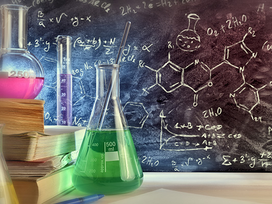 Science Class Room with Beaker, Textbooks, and Chalkboard