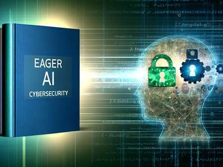 An image showcasing Eager AI, an open-source framework for AI research, with 'Eager AI Machine Learning and Cybersecurity' text and a head with padlock silhouette.