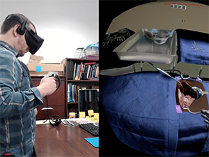 Research participant conducting usability testing with surgery similator while wearing VR headset.