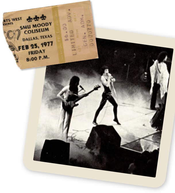 Queen ticket stub and photo of Queen live at Moody Coliseum