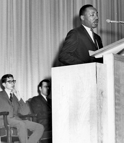 In 1966, Dr. Martin Luther King, Jr. gave a speech in SMU’s McFarlin Auditorium to a standing-room-only crowd