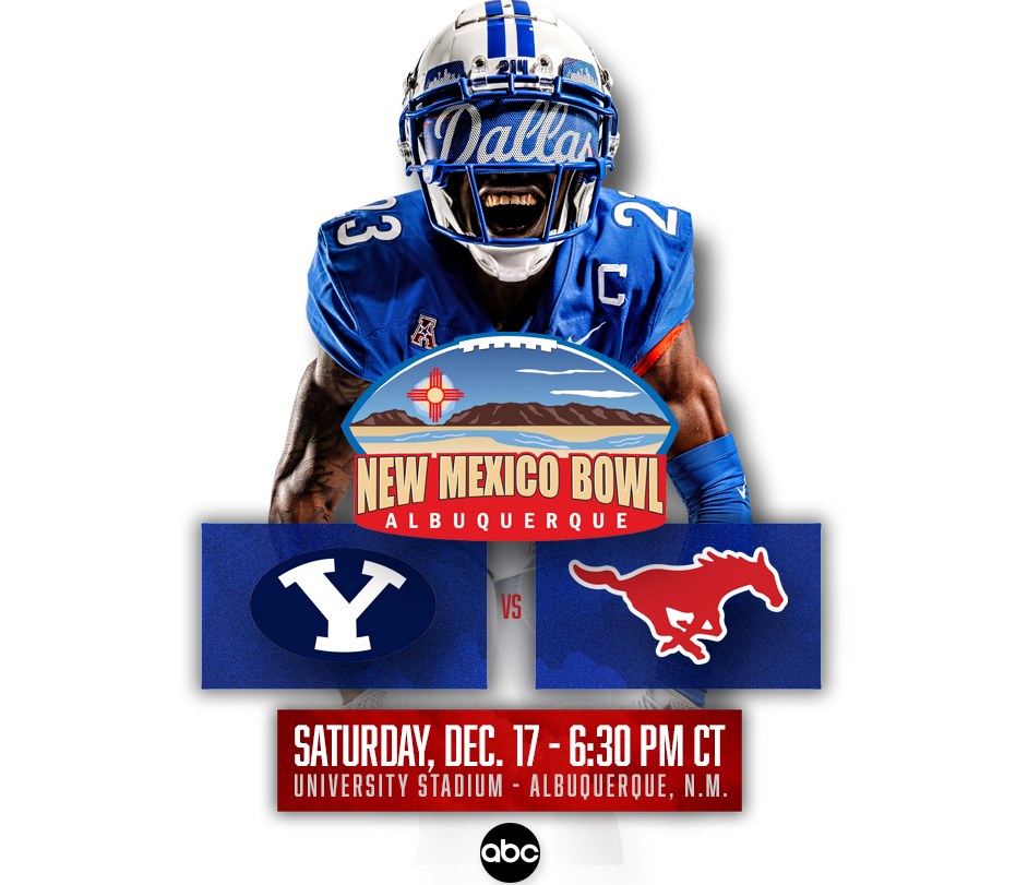 Football player graphic promoting the SMU versus BYU New Mexico Bowl