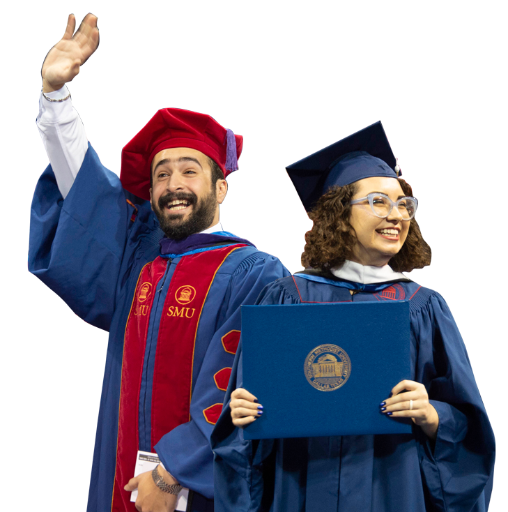 Two people wearing graduation regalia.