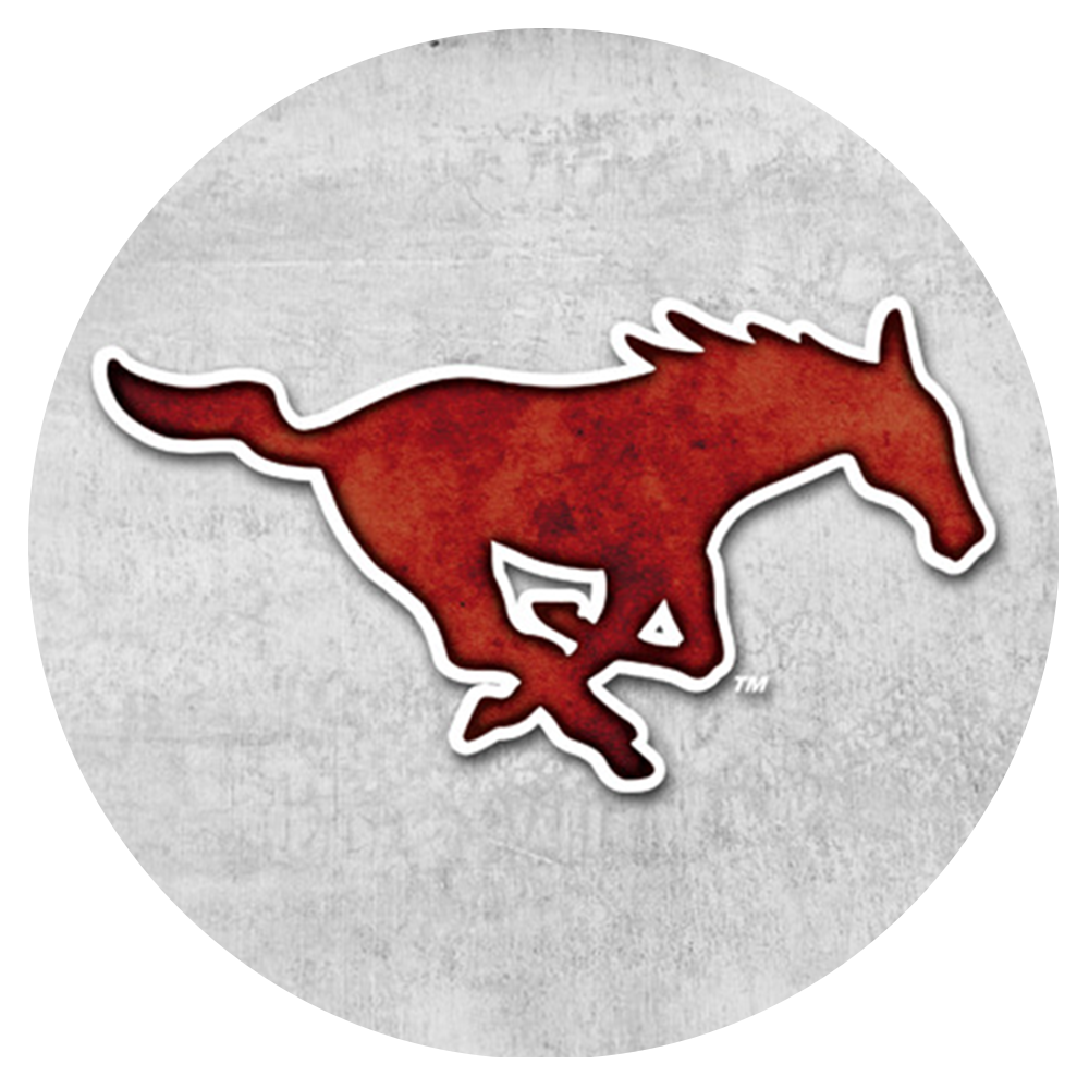 red mustang logo outlined in white on gray and white background