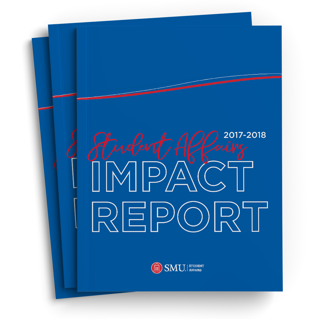 2017-2018 Student Affairs Impact Cover, blue background with red and white curved lines, red script, white block letters