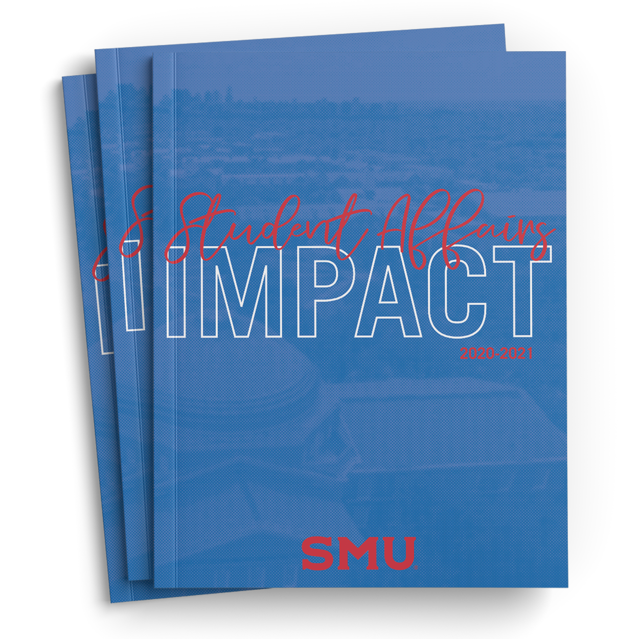 Digital mockup image of the cover of the Impact magazine. There are three blue magazines stacked one top of one another but staggered. The cover says "Student Affairs" in a script font, and "Impact" in a bold white outline font.