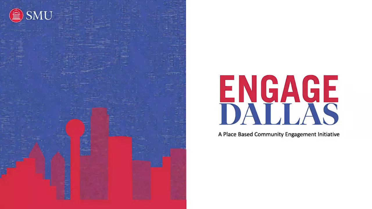 Engage Dallas logo on right with red silhouette of the Dallas skyline on a blue background on the left.