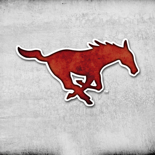 red mustang cutout on gray and white background