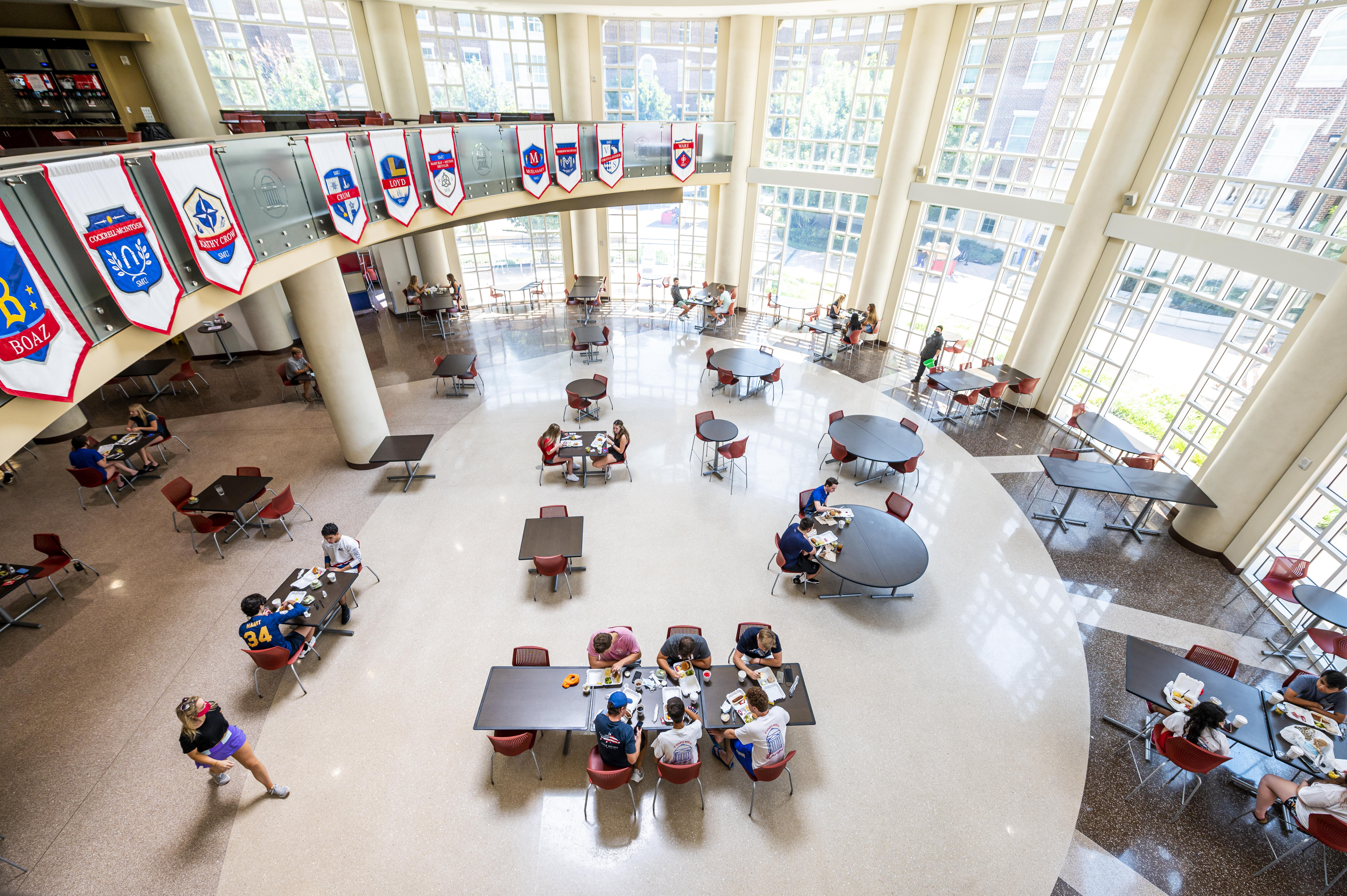 Birds eye view of students eating in dinning hall