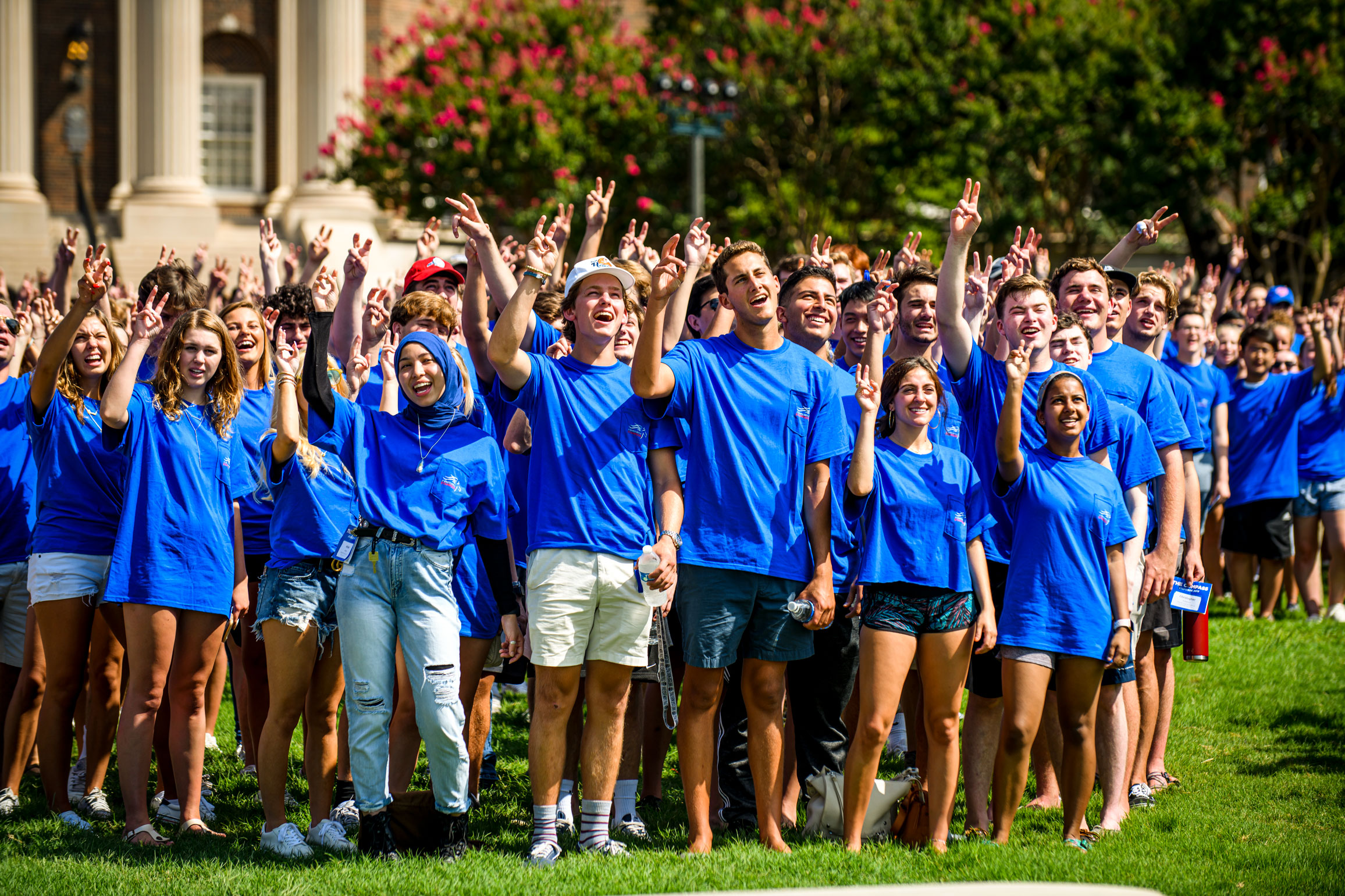 Large group of students standing on Dallas Hall Lawn