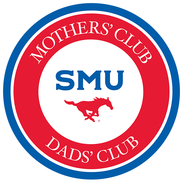 SMU Mothers' and Dads' Club logo, red circle with blue outer circle, SMU log in blue, red mustang, white letters