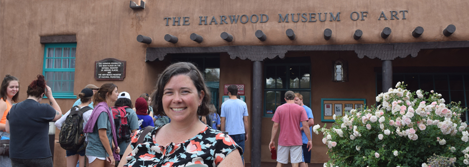 SMU-in-Taos faculty member Dr. Kunovich on her way into the Harwood Museum of Art