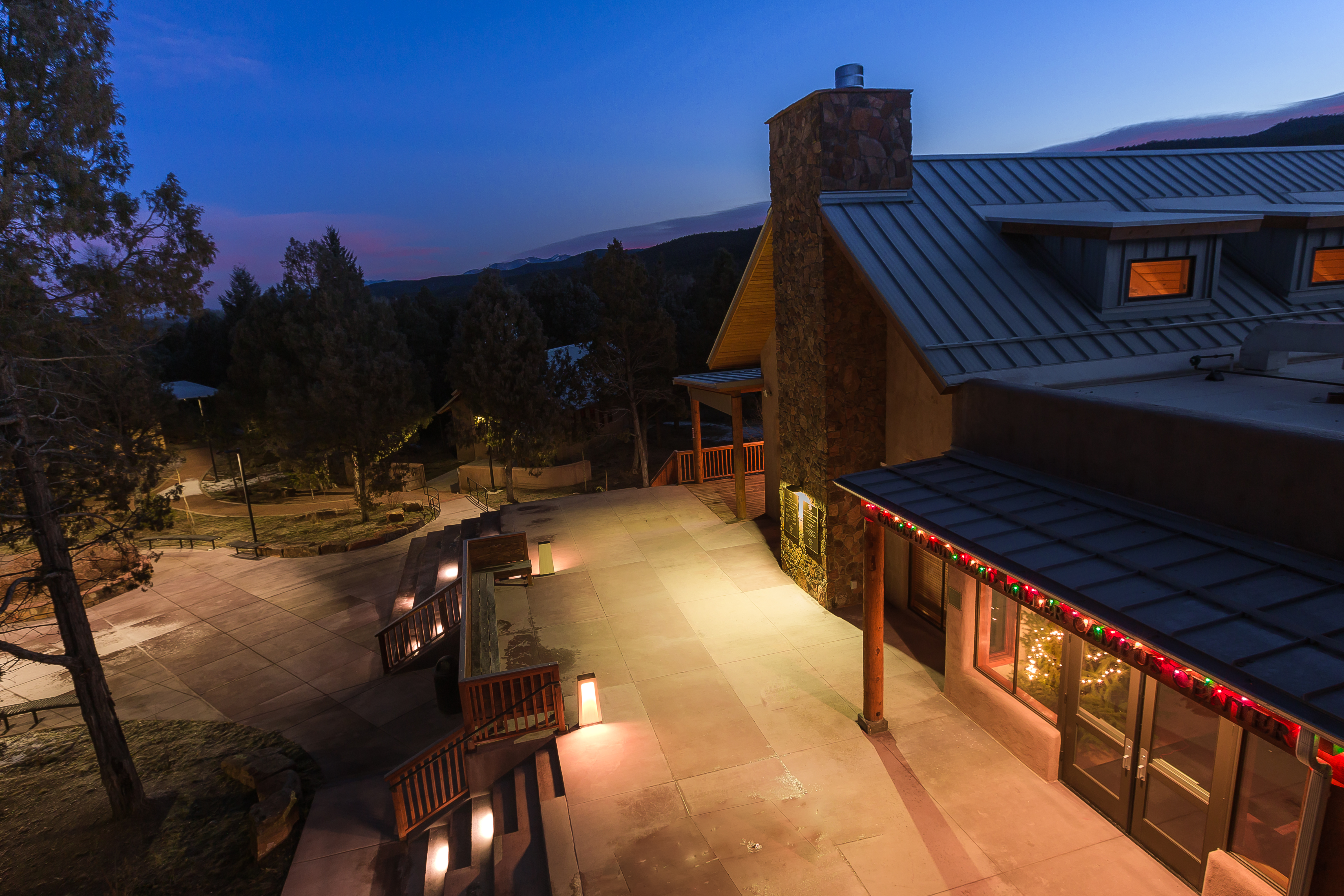 Evening sets on the Miller Campus Center at SMU-in-Taos.