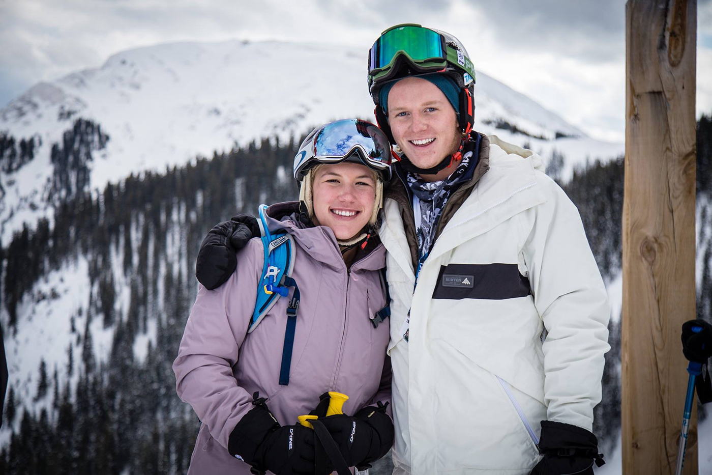 Two SMU-in-Taos students in skiing gear